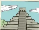 Ilustración de una pirámide escalonada prehispánica con nubes, asociada al patrimonio cultural indígena.