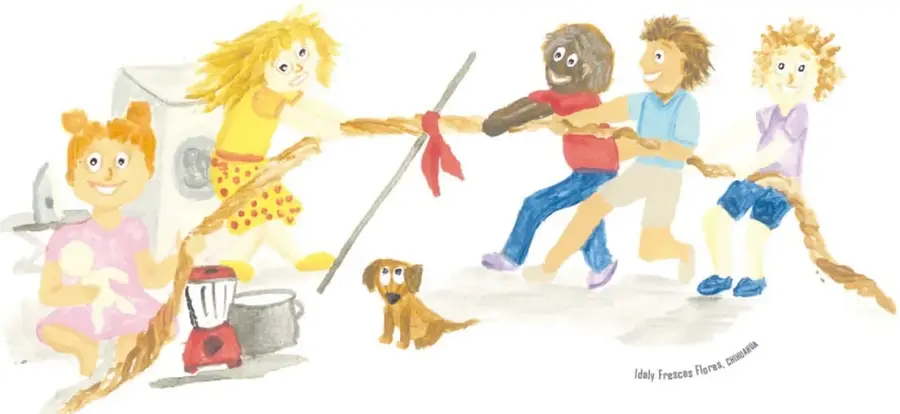 Ilustración de una pelea de cuerda: a la izquierda, tres niñas/mujeres tiran de la cuerda junto a una lavadora, una licuadora y una olla; a la derecha, tres niños/hombres tiran de la cuerda; un perro mira en el centro. Ilustración de Idaly Frescas Flores.