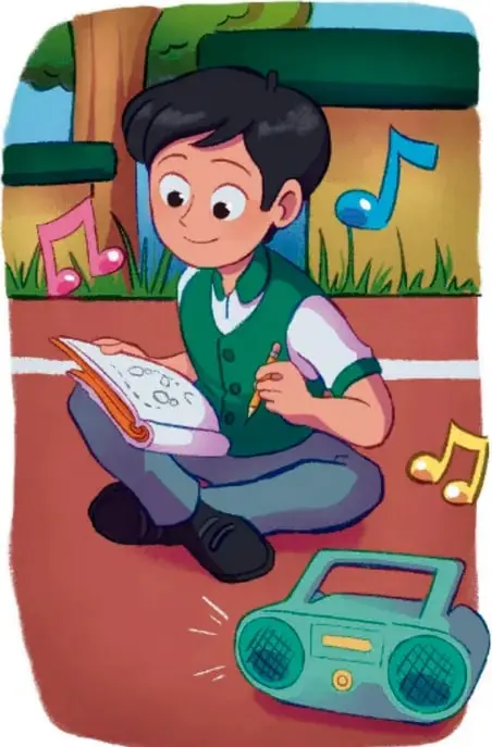 Ilustración de un niño sentado en el piso con un cuaderno y un lápiz, rodeado de notas musicales y una grabadora, en un escenario escolar.