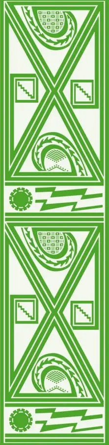 Ilustración ornamental verde sobre fondo crema, con motivos geométricos prehispánicos: bandas triangulares, escalones en cuadros, soles dentados, rayos, hojas y un motivo circular con retícula tipo calendario. Se repite en dos módulos verticales.