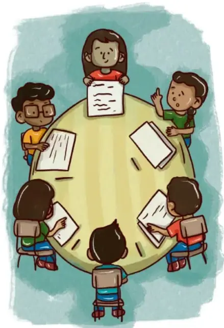 Ilustración de cinco estudiantes sentados alrededor de una mesa redonda, dialogando y tomando notas. Uno de ellos sostiene una hoja.