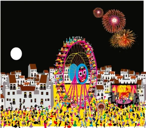 Ilustración de una fiesta nocturna en un pueblo con fuegos artificiales, un carrusel con máscaras y muchedumbre de colores; créditos a Rutila Vega Rubio, Tlaxcala.