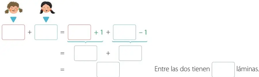 Esquema con dos rostros de niñas sobre recuadros vacíos, un signo igual y recuadros con +1 y −1 para completar la estrategia de cálculo mental.