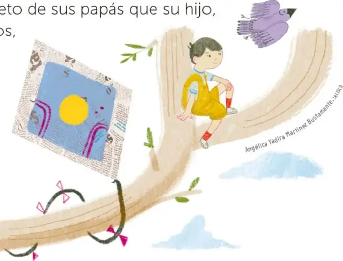 Niño sentado en una rama del árbol con un dibujo de un sol y un pájaro morado volando cerca.