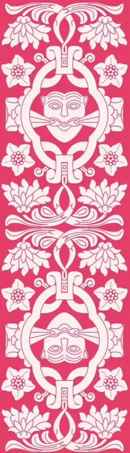 Ilustración decorativa vertical en color rosa con motivos florales y dos rostros prehispánicos estilizados, característica de la Colección Nanahuatzin.