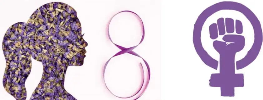 Dos imágenes: una silueta femenina llena de jacarandas moradas junto al número 8 dibujado en cinta morada, y el símbolo de mujer (círculo con cruz) que contiene un puño alzado, ambos en morado.