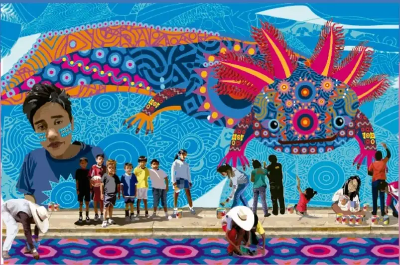 Ilustración de un ajolote con ornamentos de arte popular mexicano y niños pintando un mural; fondo azul con espirales y motivos geométricos.