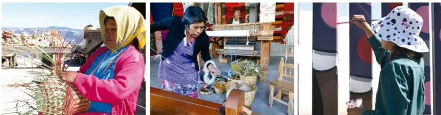 Tres fotografías: una artesana tejiendo fibras naturales en un entorno andino, una persona trabajando con textiles y tintes en un taller, y una persona pintando un mural con colores.