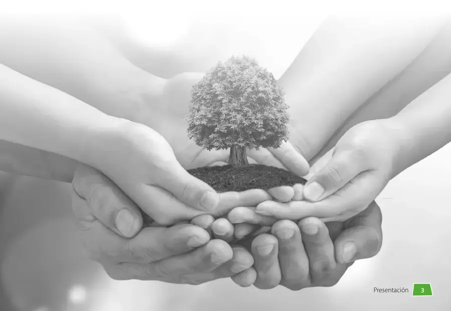 Fotografía en blanco y negro de varias manos unidas formando un cuenco que sostiene un pequeño árbol con tierra, símbolo de cuidado, colaboración y conocimiento.