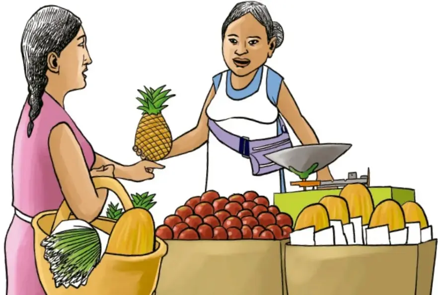 Ilustración de un tianguis: una vendedora entrega una piña a una compradora; sobre el puesto hay jitomates, elotes, cebollas y una balanza.