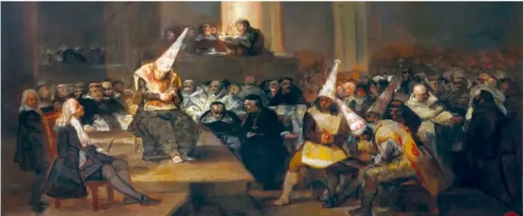 Pintura histórica que representa una reunión o congreso en la Nueva España, con figuras vestidas de la época colonial, algunas con capas y sombreros, en un salón con columnas. Parece aludir a debates políticos o a la conspiración independentista.