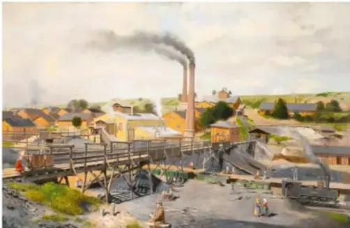 Pintura de una fábrica con chimeneas humeantes y trabajadores en un entorno industrial del siglo XIX.