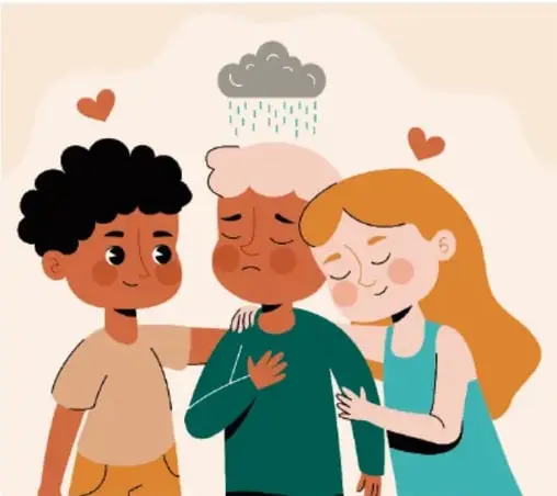 Dos niños abrazan y consuelan a un compañero que llora; sobre él hay una nube gris con lluvia y corazones flotan alrededor, simbolizando el apoyo emocional.