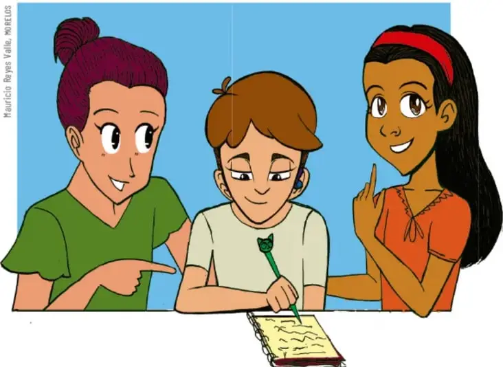 Ilustración de tres estudiantes (dos niñas y un niño) conversando y escribiendo en un cuaderno, con fondo azul.