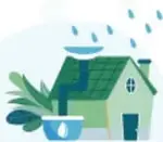 Ilustraciones sobre el ciclo y cuidado del agua: casa con lluvia, reloj y regadera, grifo con gotas y planta.