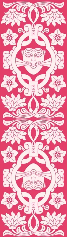 Ilustración decorativa vertical en color rosa con motivos florales y dos rostros humanos estilizados enmarcados en óvalos, de inspiración indígena o popular mexicana.