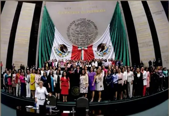 Fotografía de Legisladoras, funcionarias y activistas celebrando la paridad en el pleno de la Cámara de Diputados, con banderas mexicanas y el escudo nacional; 19 de junio de 2019, Gobierno de México.