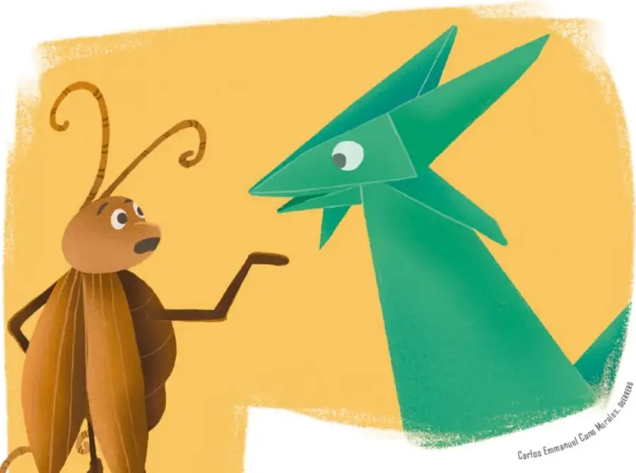 Dos insectos de color marrón con antenas largas y alas atrofiadas observan a un dragoncito de papel verde con forma de estrella. El fondo es amarillo y naranja.