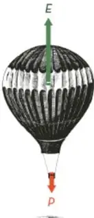 Esquema de un globo aerostático con flecha verde hacia arriba etiquetada E (empuje) y flecha roja hacia abajo etiquetada P (peso).