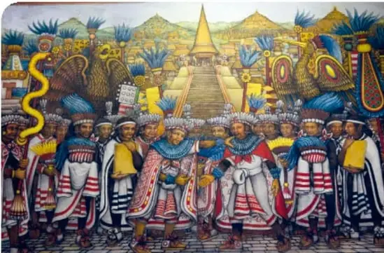 Ilustración del Códice Florentino titulada 'La guerra entre los mexicas', con dos guerreros armados y un tambor.