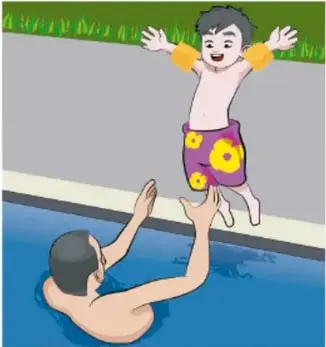 Ilustración de una familia en la sala: una niña habla con su mamá, que sostiene a un bebé, y un niño mira desde el otro lado del sofá.