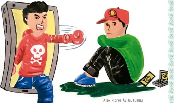 Ilustración: un niño sale furioso de una pantalla de celular con símbolo de calavera y cruzados dirigido hacia otro niño sentado y triste junto a una computadora; representa el ciberbullying. Crédito: Alex Flores Ávila, PUEBLA.