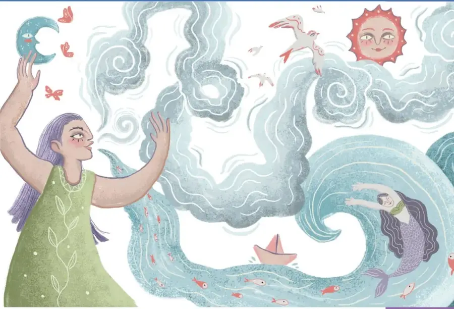 Ilustración artística de una mujer con vestido verde que alza los brazos hacia un cielo con nubes en espiral; una ola azul con una sirena, peces rojos, un barco de papel, pájaros, mariposas, la luna y un sol con rostro humano.