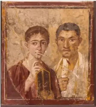Pintura mural romana que muestra a dos personajes, posiblemente patricios o ciudadanos.