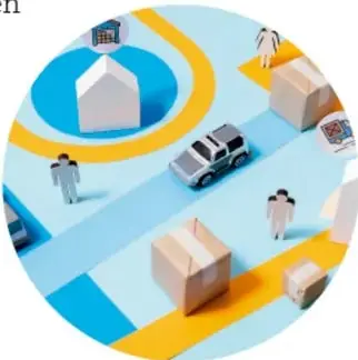 Ilustración circular de una comunidad con casas, calles, vehículos y personas, usada como ejemplo de maqueta.