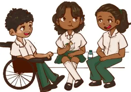 Ilustración de tres estudiantes (uno en silla de ruedas con yeso en una pierna) conversando y jugando juntos, representando la inclusión y la diversidad. Crédito: Danna Fernanda Trejo Valencia, Veracruz.