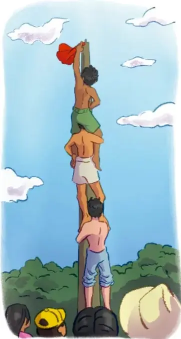 Ilustración de un grupo de personas formando una torre humana para trepar un palo alto y alcanzar un paliacate rojo; al pie del palo hay más participantes observando.