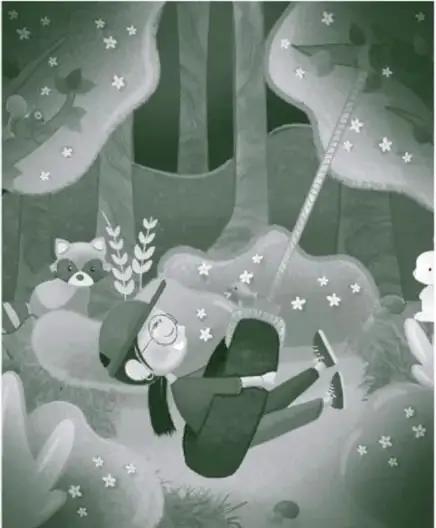 Ilustración en tonos verdes de una persona con gorra y mochila caminando entre árboles y estrellas, acompañada de un zorro y un conejo. Al costado derecho se lee el crédito: Vanessa Roldán García, Escuela de Diseño.