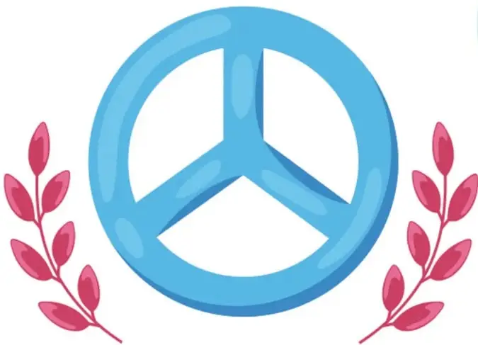 Símbolo circular azul de la paz (peace sign) entre dos ramas de laurel rojas