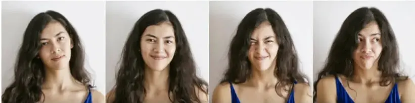 Cuatro fotografías de una misma joven que muestra distintas expresiones faciales: neutral, sonriente, con gesto de molestia y con gesto de duda, para ilustrar la expresión gestual de las emociones.