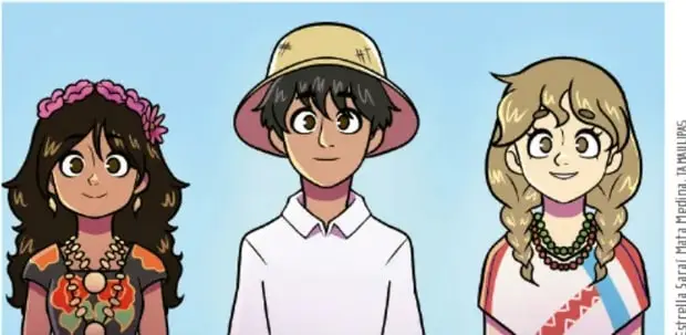 Ilustración de tres personajes jóvenes de apariencias y vestimentas distintas (una niña con flores y vestido indígena, un niño con sombrero de ala ancha y camisa blanca, una niña con vestido y collares), representando la convivencia de culturas diversas. Crédito: Estrella Saraí Medina Tapia INEG.