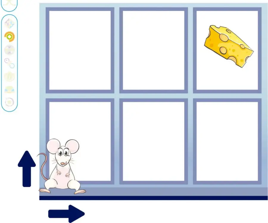 Cuadrícula de 2 filas y 3 columnas con bordes azul claro. En la casilla superior derecha hay un trozo de queso amarillo con agujeros. El ratón Lolo, blanco y de orejas rosadas, está sentado en la esquina inferior izquierda de la cuadrícula.