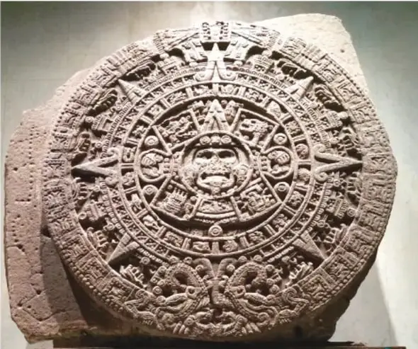 Códice mesoamericano con figuras y glifos calendáricos organizados en secciones.