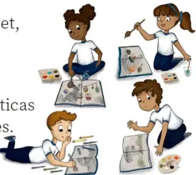 Ilustración de cuatro niños trabajando con libros, cuadernos y materiales de arte; crédito: Marían Luna Cuéllar, VERACRUZ.