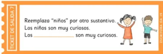 Ticket de salida con oración para completar y dibujo de dos niños.