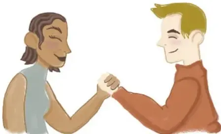 Ilustracion de dos personas adultas estrechandose las manos en senal de acuerdo y respeto mutuo.