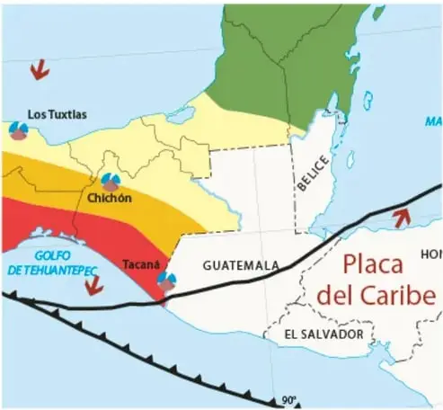 Mapa del sureste de México y Centroamérica que muestra la Placa del Caribe y volcanes como Chichón, Tacaná y Los Tuxtlas.