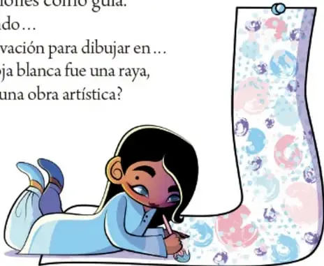 Ilustración de una niña con cabello oscuro y ropa azul recostada, dibujando con un lápiz sobre una hoja; a su lado hay una letra 'L' decorada con patrones de puntos y círculos en tonos azules y rosas.