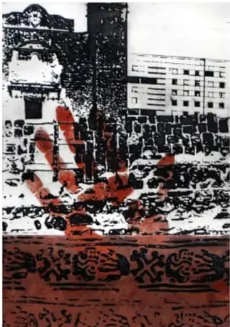 Fotografía en blanco y negro de una manifestación estudiantil con pancartas, intervenida con trazos rojos.