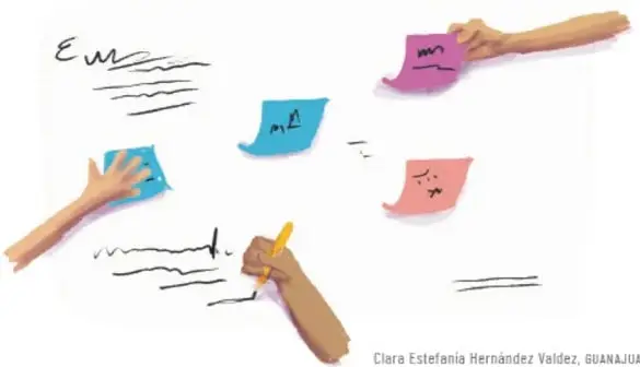 Ilustración de varias manos colocando notas adhesivas de colores con anotaciones en una pared, como si organizaran ideas para el montaje.
