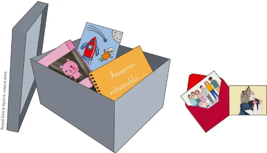 Caja gris abierta con objetos: dibujo de un cohete, tarjeta con un cerdito, cuaderno amarillo con la frase 'Imágenes entrañables'.