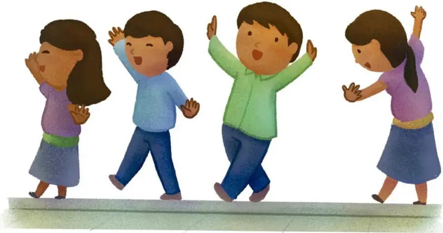Ilustración de cuatro niñas y niños (dos con vestido azul y blusa morada, dos con camisa verde y azul) caminando en fila con los brazos alzados sobre un andador gris. Crédito: Karina Eréndira Pérez Olmos, Michoacán.