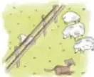 Ilustración de un camino de tierra con un ratón y ovejas alrededor.