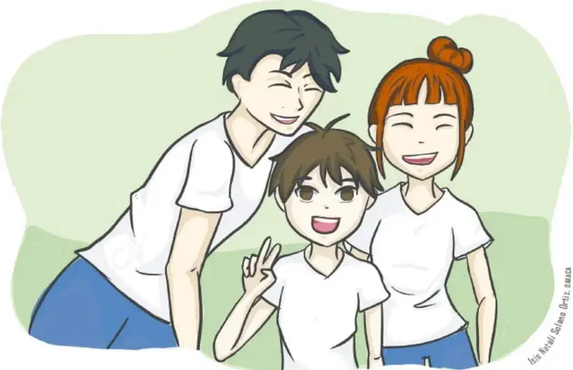 Ilustración de tres jóvenes sonrientes: un chico con cabello negro, una chica con cabello naranja recogido y un chico al centro haciendo la señal de paz. Visten playeras blancas y pantalones azules. Al lado derecho se lee 'Iris Itzel Gómez Ortiz. Ilustración'.