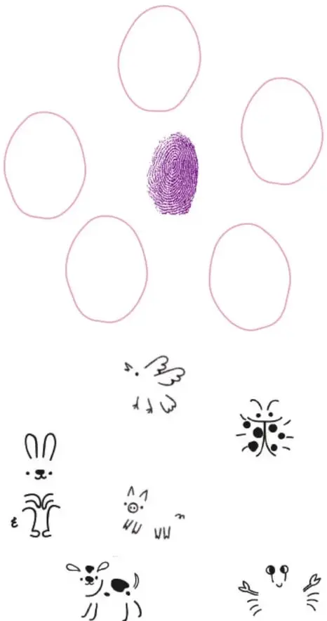 Cinco óvalos vacíos con líneas rosadas donde se estampan las huellas, y uno de ellos ocupado por una huella dactilar morada; alrededor hay dibujos infantiles de animales: una paloma, una mariquita, un conejo, un cerdo y un perrito.