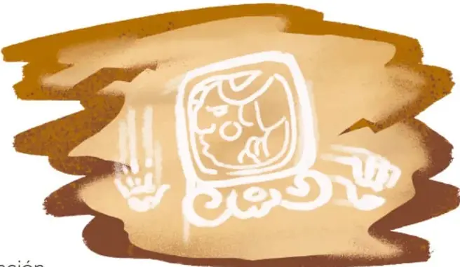Pintura rupestre estilizada sobre fondo café: una figura antropomorfa con rostro cuadrado y dos manos levantadas, que ilustra la "señal" del espíritu de la cueva. Firmado: Leyla Azeneth García Alonso.